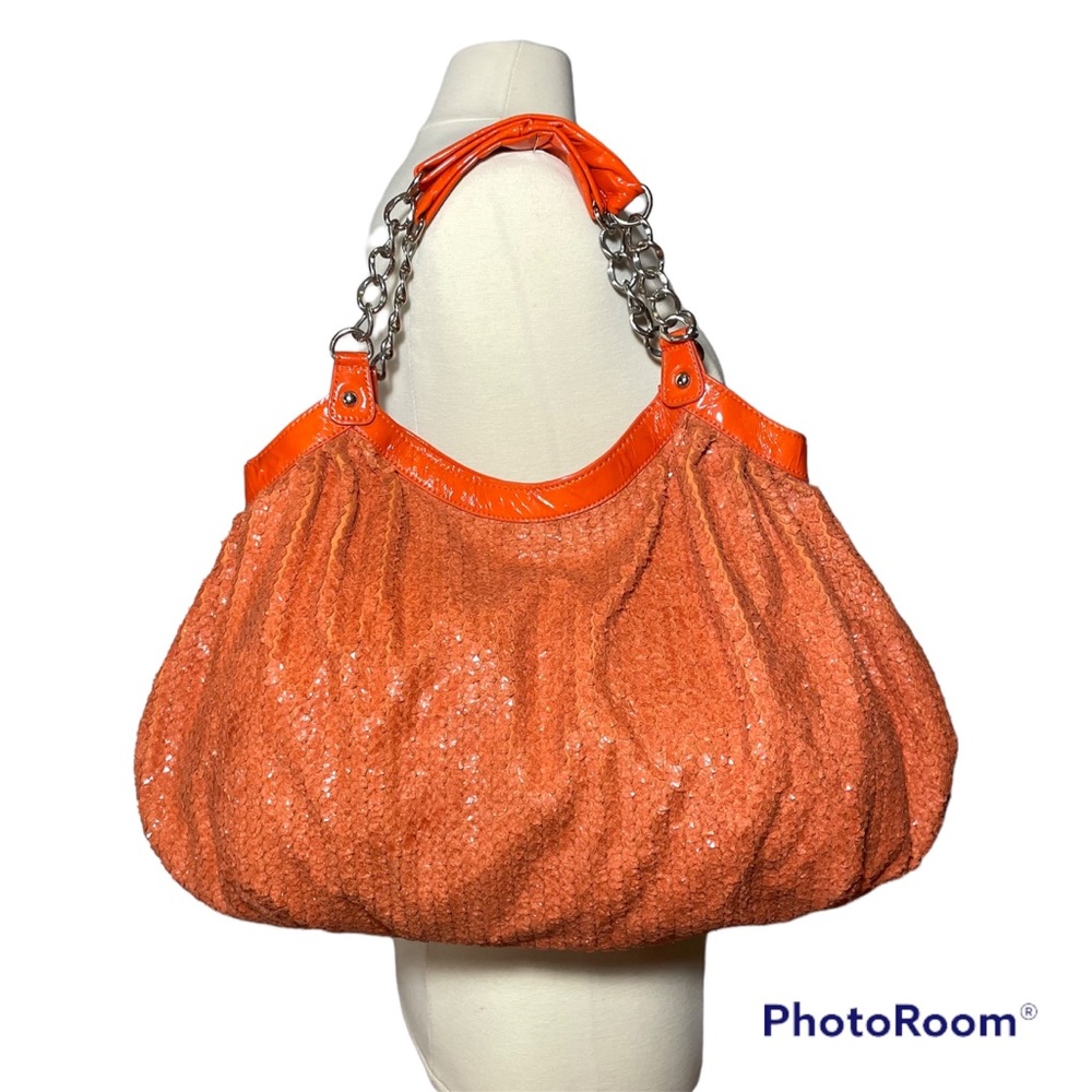 Big boho shinny fabric shoulder bag with chain handles